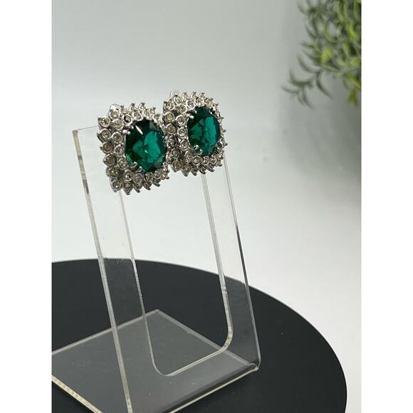 Green Prong Set Rhinestone Open Back Stacked Halo Silver Tone Clip on Earrings - Picture 3 of 7